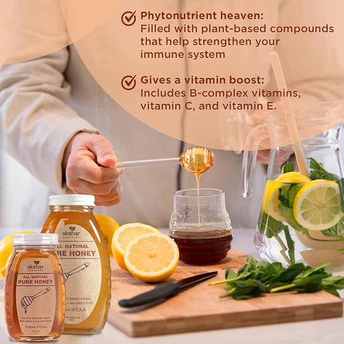 Akshar Ayurveda - 16 Oz Pure Honey (454 Grams) - All Natural USA Honey - Smooth & Easy to Pour