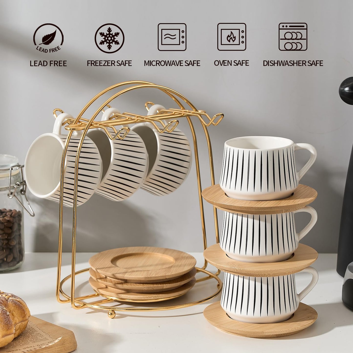 LUKA Ceramic Coffee Espresso Cups with Saucers Set with Metal Holder, 4.4 oz Porcelain Demitasse