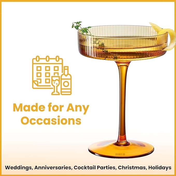 Khen Ribbed Vintage Art Deco Coupe Glasses - Martini, Champagne & Cocktail Ribbed Glasses 8oz |