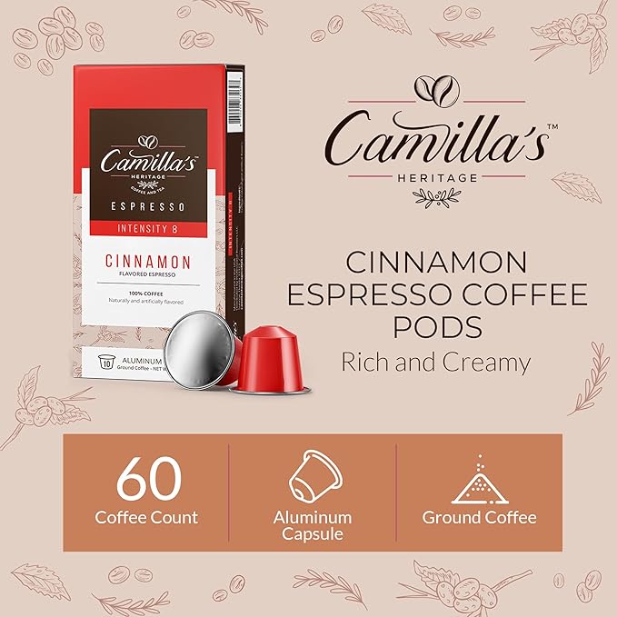 Camilla’s Heritage - Intensity 8 Cinnamon Flavored Espresso Coffee, Gourmet Espresso Cups, 60