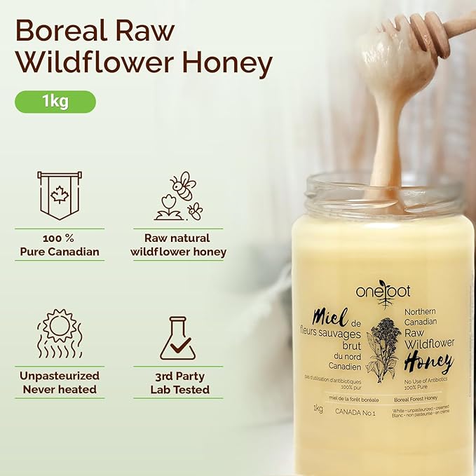 Oneroot 100% Canadian Flower Honey - 1kg / 2.2lbs, Honey Wildflower Unfiltered, Unheated & Creamed