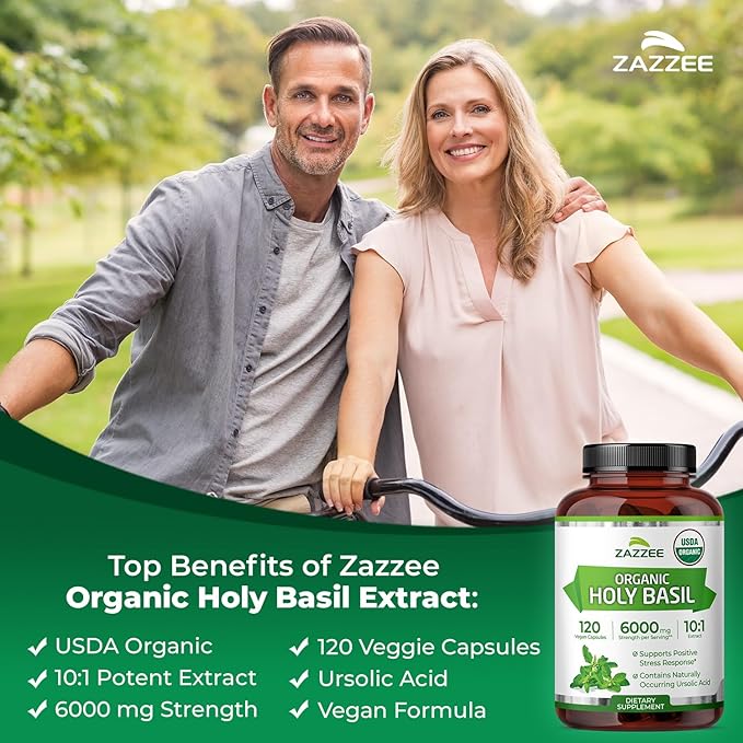 Zazzee USDA Organic Holy Basil 10:1 Extract, 6000 mg Strength, 120 Vegan Capsules, Concentrated and