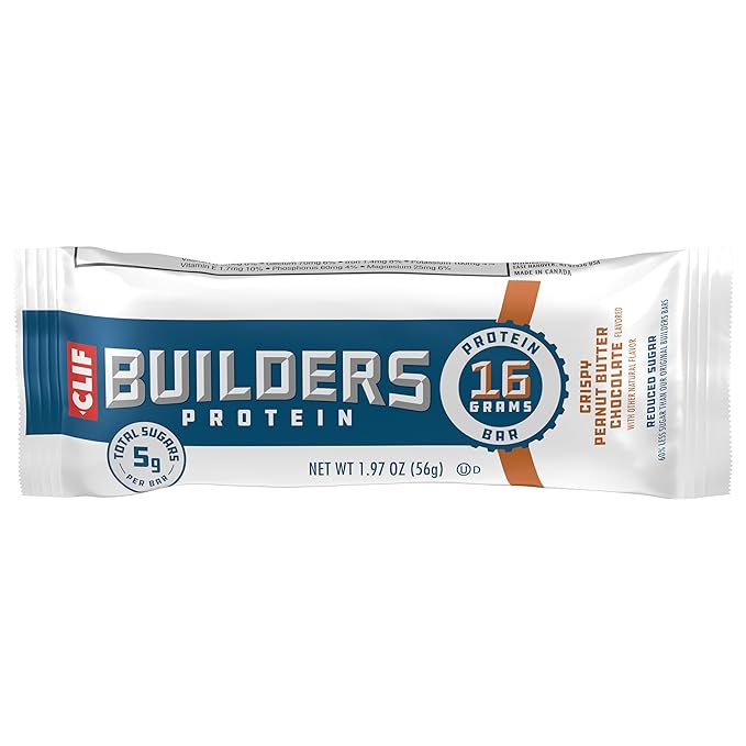 CLIF BUILDERS Protein Bars - Crispy Peanut Butter Chocolate Flavored - Reduced Sugar - Gluten Free