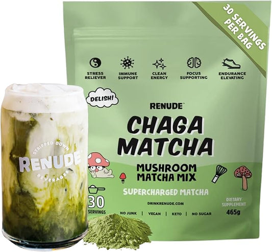 Renude Chaga Matcha - Chaga Mushroom Powder, Superfood Drink Mix with Adaptogens, Ceremonial Grade