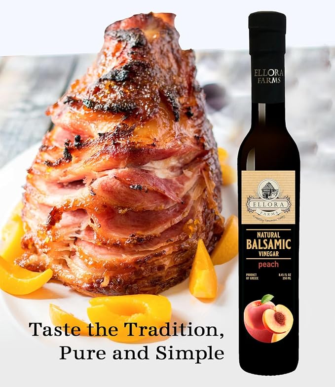 Ellora Farms, Peach fruit Infused Greek Balsamic Vinegar, thick and creamy, no-added sugars