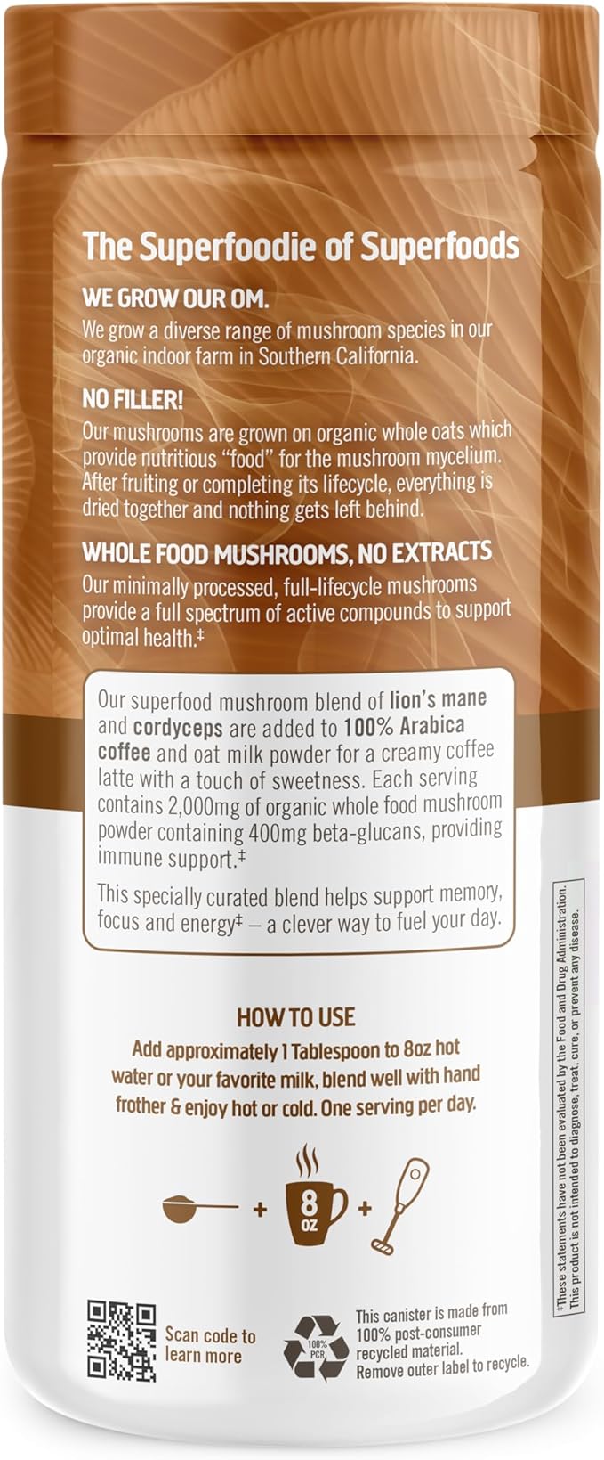 OM MUSHROOM SUPERFOOD Coffee Latte Blend Mushroom Powder, 8.47 Ounce Canister, 30 Servings, Lion's