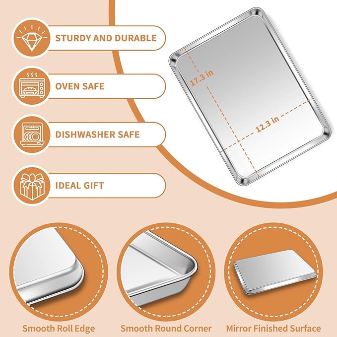 Stainless Steel Baking Sheet Set of 2, Deedro Cookie Sheet Metal Baking Pan Oven Tray, Non Toxic &