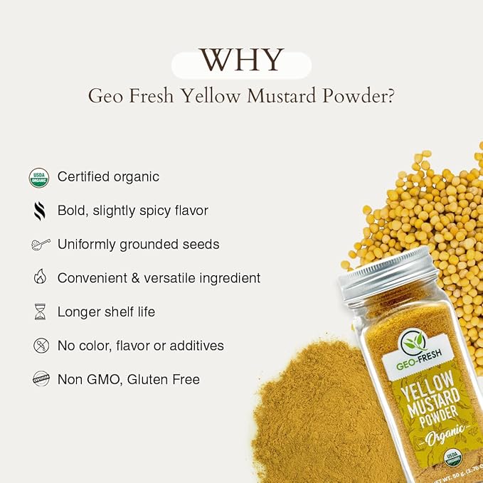 Geo-Fresh Organic Yellow Mustard Powder 1.76 oz - Dry Mustard Powder for Cooking - Ground Yellow
