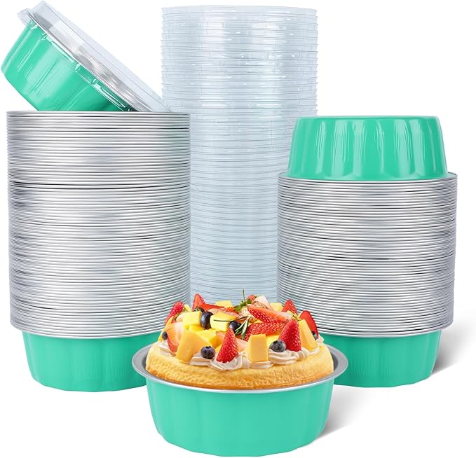 Beasea Ramekins Baking Cups with Lids, 120 Pack 8 oz 4 Inch Disposable Mini Elegant Blue Foil Creme