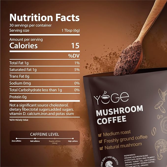 Mushroom Coffee, Instant Organic Mushroom Coffee with Cordyceps, Reish, King Trumpet, Shitake