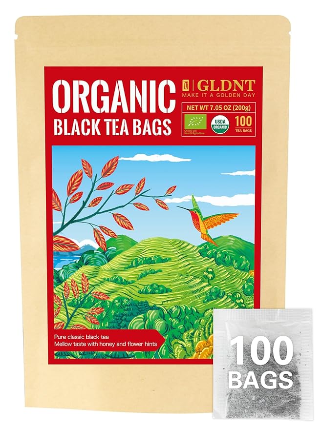 GLDNT Organic Black Tea Bags, Natural Organic Black Tea, Smooth & Mellow Flavor, Caffeinated, Hot &