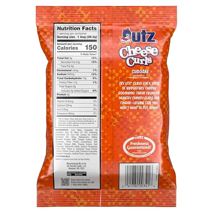 Utz Cheese Curls, Baked Cheddar ??1 oz. Bags (60 Count) ??Made with Real Cheese, Crunchy Individual