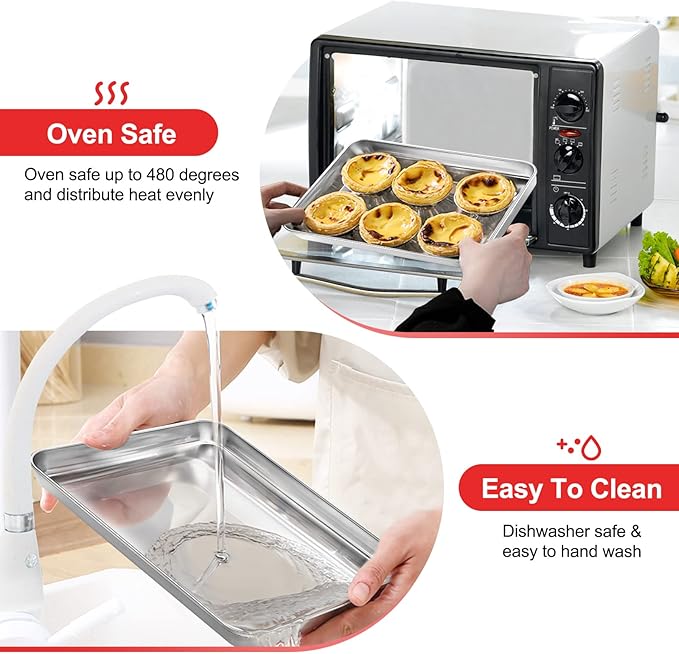 Cookie Sheets for Baking, Stainless Steel Baking Sheet Baking Pan Tray - 12.4 x 10 x 1 Inch, Non