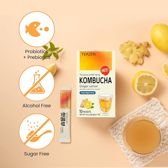 TEAZEN Lemon Ginger Hot Kombucha Tea, Spice Tea, Live Probiotics & Postbiotics, Relaxation and