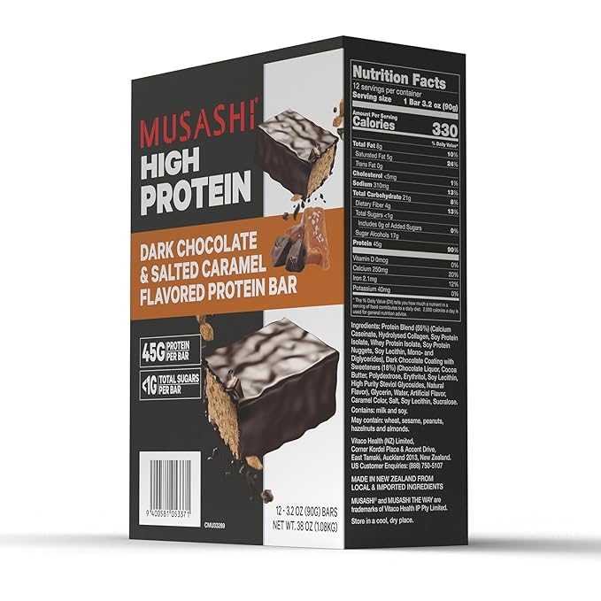 MUSASHI High Protein Bar, 45g Protein, <1g Total Sugars, Dark Chocolate & Salted Caramel, Post