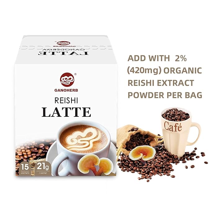 GANOHERB Reishi Mushroom Latte Coffee Powder, 4 in 1 Instant Arabica Coffee with Organic Ganoderma