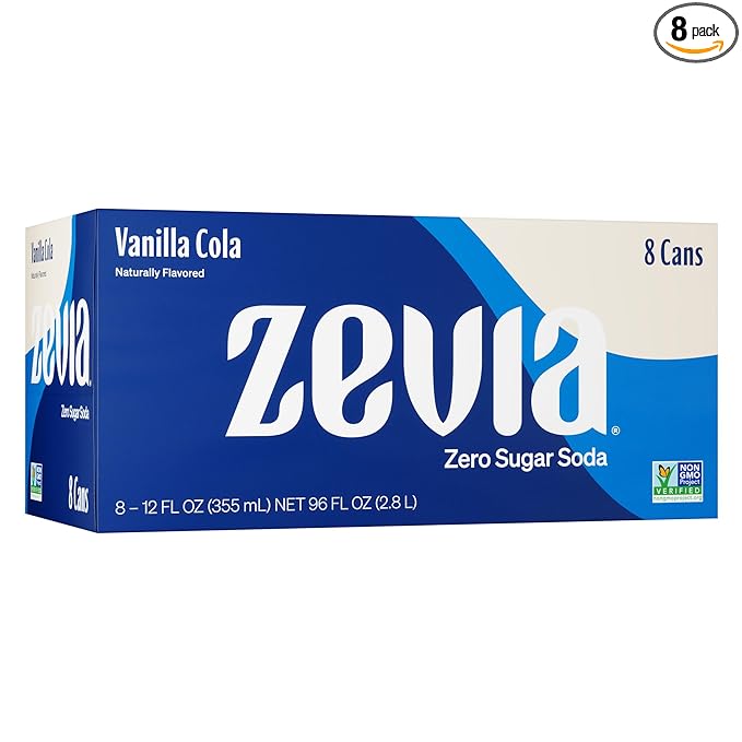 Zevia Zero Sugar Soda, Vanilla Cola, 12 oz Cans (8-Pack) ??Naturally Sweetened, Non-GMO Project
