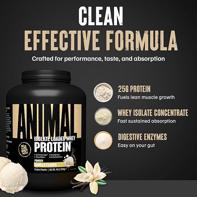 Animal Whey Isolate Protein Powder - Loaded for Pre & Post Workout Muscle Builder and Recovery with