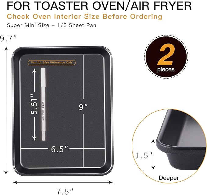 HONGBAKE 2 Pack 9.7X7.5" Toaster Oven Pans for Baking, 57% Thicker Nonstick 1/8 Cookie Sheet Pan