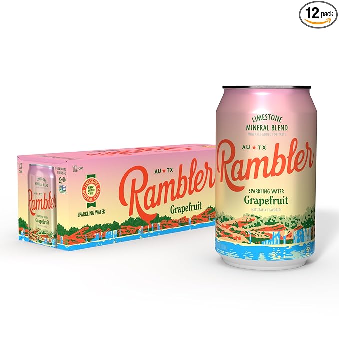 AUTX RAMBLER Sparkling Water, Texas Limestone Mineral Blend, Grapefruit Flavor, 12-Ounce Cans