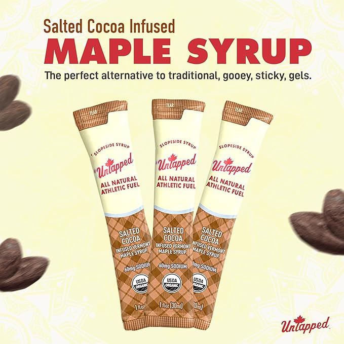 UnTapped Salted Cocoa Infused Vermont Maple Syrup Packets for Athletes, Box of 20-1 fl oz Each |
