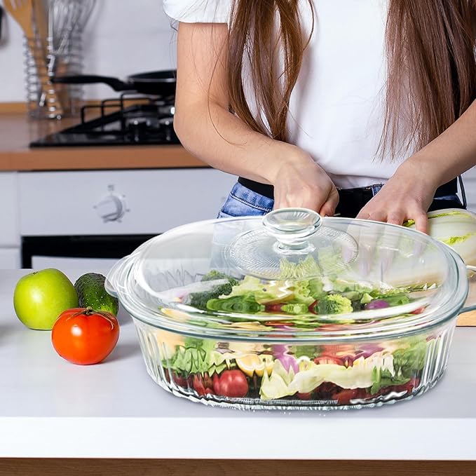 Luvan 2.8L/3Qt Glass Casserole Dish with Lid, Ribbed Oval Glass Baking Dish for Oven & Microwave