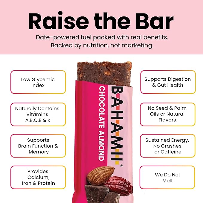 Bahamii Chocolate Almond Nut & Date Bars, 12 Pack, Gluten Free & 0g Added Sugar Low Calorie Snacks