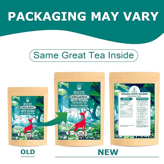 WT WEETEE Organic White Tea Bags, Organic Pure White Tea 100 Count, Mellow & Smooth, Perfect for