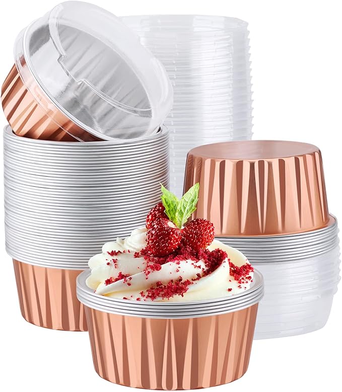 EUSOAR Disposable Foil Ramekins with Lids, 60pcs 5oz Cupcake Liners Aluminum Foil Baking Dessert