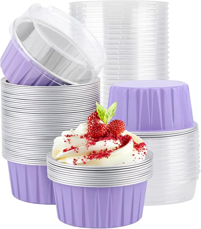 EUSOAR Aluminum Foil Baking Cups with Lids, Light Purple 50pcs 5oz Creme Brulee Ramekins