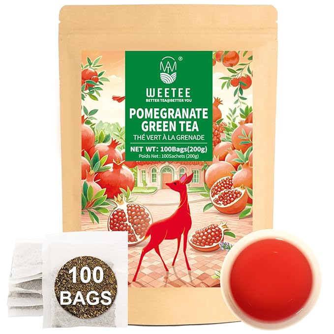 WT WEETEE Pomegranate Green Tea Bags 100 Count, Made of Sencha Green Tea with Pomegranate Flavor