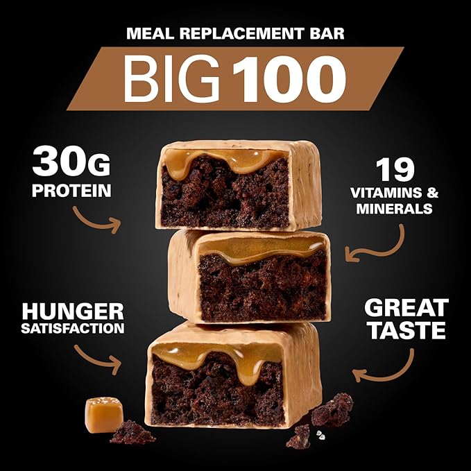 MET-Rx Big 100 Protein Bar, Meal Replacement Bar, 30G Protein, Salted Caramel Brownie Crunch, 9