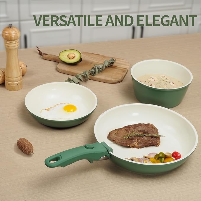 8PCS Ceramic Cookware,Nonstick Ceramic Pan, Removable Handle Pots and Pans Set, Stackable Set