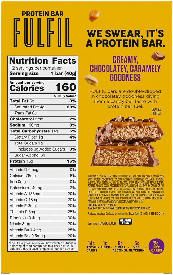 FULFIL Protein Snack Bars, Chocolate Peanut Caramel Flavored, Gluten Free with 15g Protein, Pantry