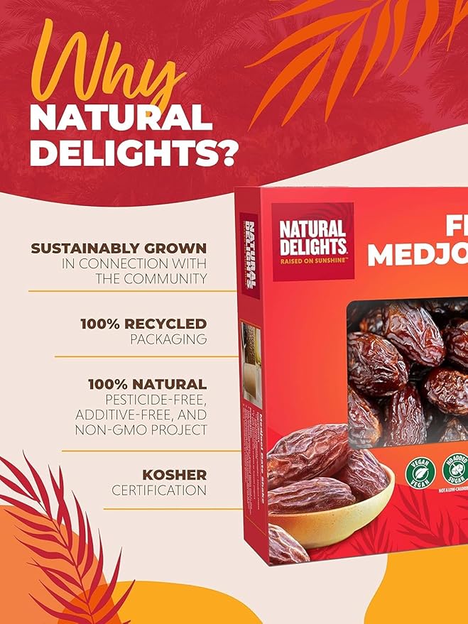 Natural Delights Medjool Dates Whole - Non-GMO Verified Fruit, Good Source of Fiber & Potassium