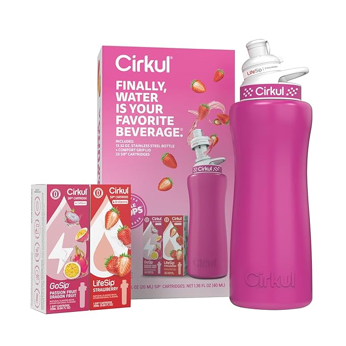 Cirkul 32oz. Hot Pink Stainless Steel Water Bottle Starter Kit with Pink Lid and 2 Flavor