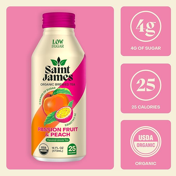 Saint James Iced Tea - Organic Green Tea - Non GMO, Gluten Free, Low Calorie & Low Sugar - Passion