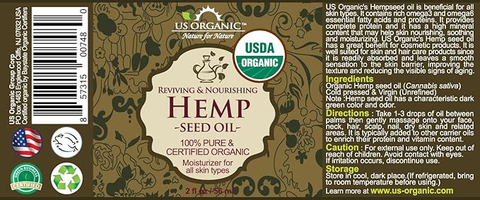 US Organic Hemp Seed Oil, Certified Organic, Pure & Natural, Cold Pressed Virgin, Unrefined, Amber