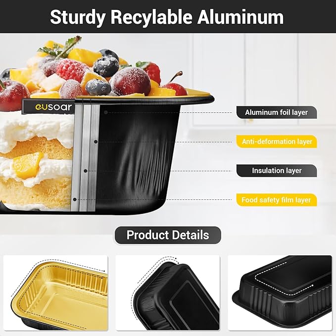 EUSOAR Mini Loaf Baking Pans with Lids, Black Gold Square 20oz 50pcs Aluminum Foil Disposable Bread