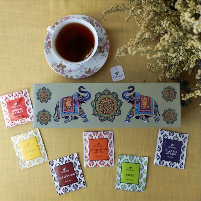Octavius Gift's Select - Assorted Tea in Elephant Printed Wooden Box | 6 Flavors Black & Green, 60