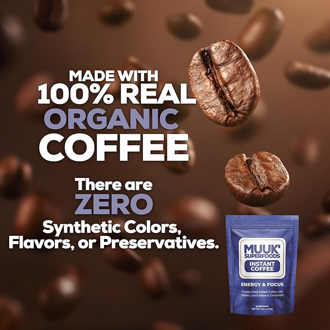 MUUK' SUPERFOODS | Energy & Focus Mushroom Coffee | Organic Freeze-Dried Instant Coffee with Cacao