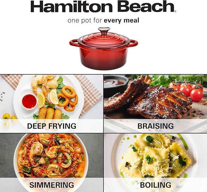 Hamilton Beach 3-Quart Enameled Cast Iron Dutch Oven with Lid | Heavy-Duty Pot for Braising