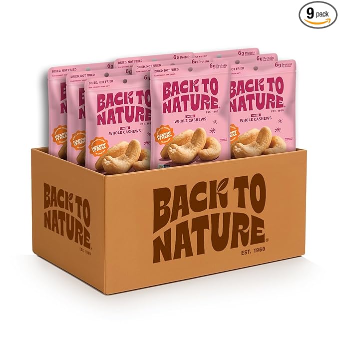 Back to Nature Jumbo Cashews - Dry Roasted with Sea Salt, Non-GMO High Protein Snacks, 9 Ounce