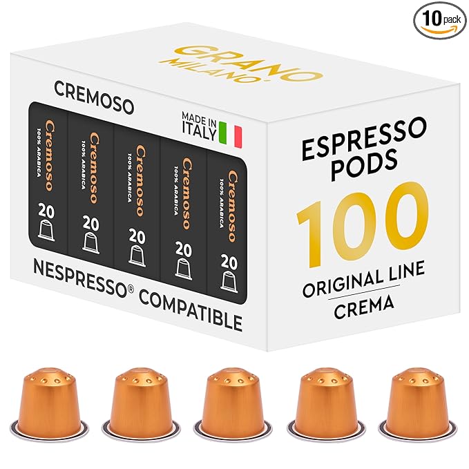 Grano Milano Cremoso Coffee Capsules - 100 Aluminum Coffee Pods Compatible with Nespresso Original