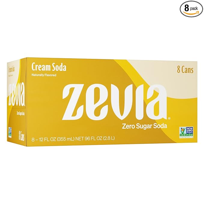 Zevia Zero Sugar Soda, Cream Soda, 12 oz Cans (8-Pack) -Naturally Sweetened, Non-GMO Project
