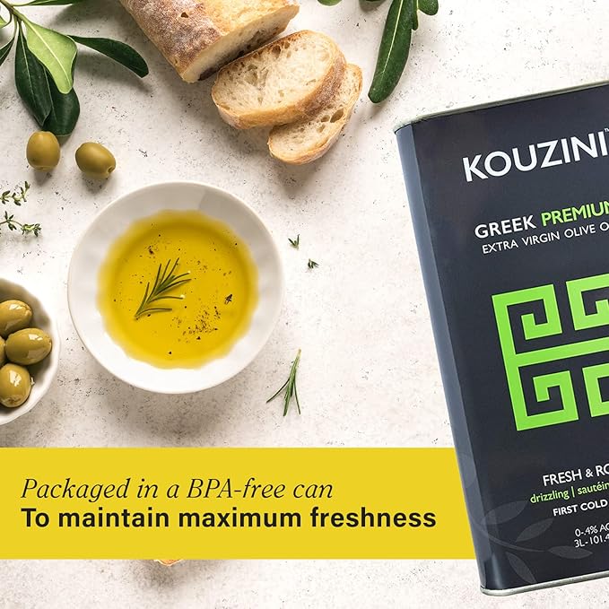 Kouzini Greek Premium Extra Virgin Olive Oil, 3 Liter Tin, Cold Pressed, Single Origin, Rich Flavor