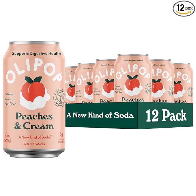 OLIPOP Prebiotic Soda Pop, Peaches & Cream, A New Kind of Soda Packed with Prebiotics, Fiber, and