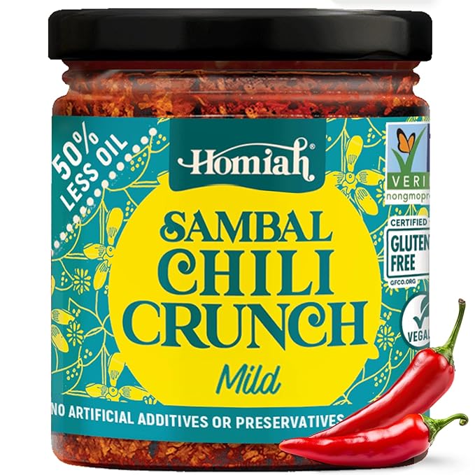 Homiah Sambal Chili Crunch, 6oz - Less Oil Low Sodium Gluten Free Vegan, Sambal Oelek Chili Paste