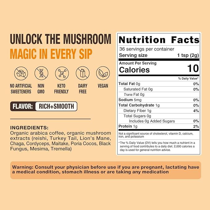 Organic Mushroom Coffee – 30% Beta-Glucans, Arabica Instant Coffee Infused with Fungipure™