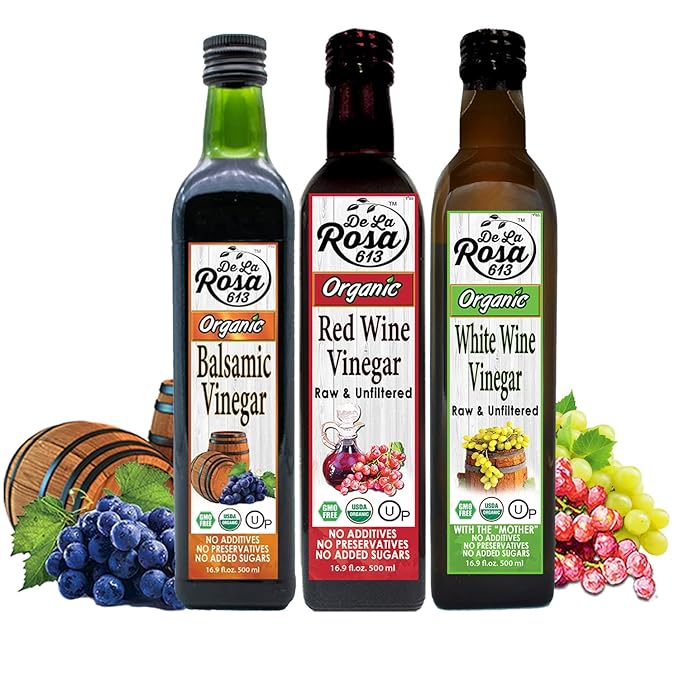 De La Rosa Organic White Wine, Red Wine & Balsamic Vinegar, Vegan, Kosher, Non-GMO & Gluten Free